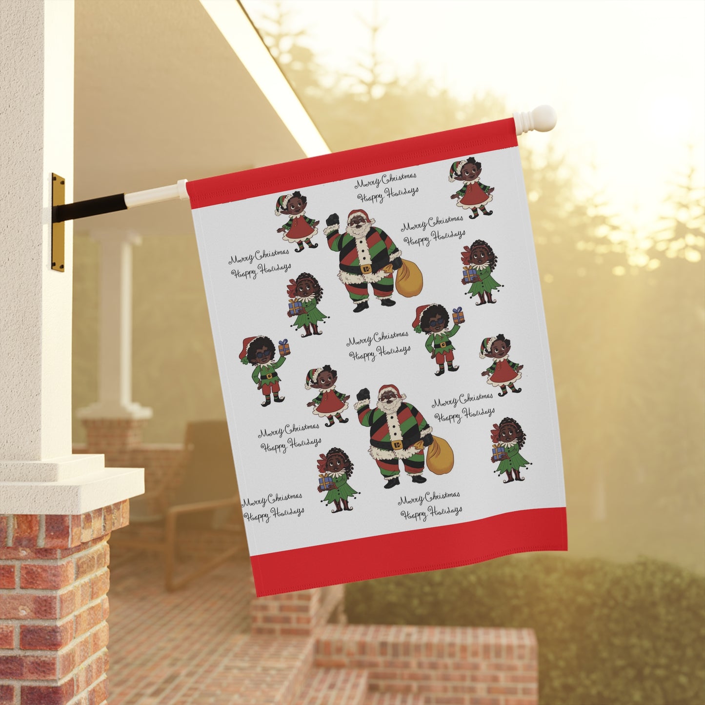 Black Santa & Elves Christmas Banner - Red border