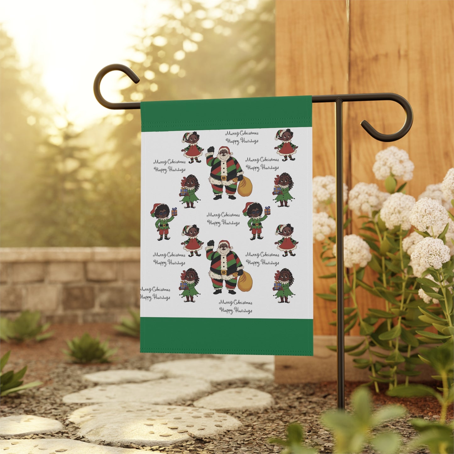 Black Santa & Elves Christmas Banner - Green border