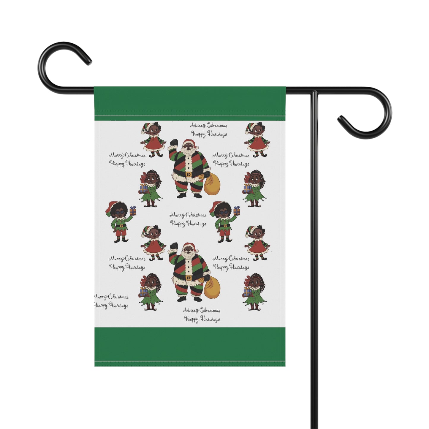 Black Santa & Elves Christmas Banner - Green border