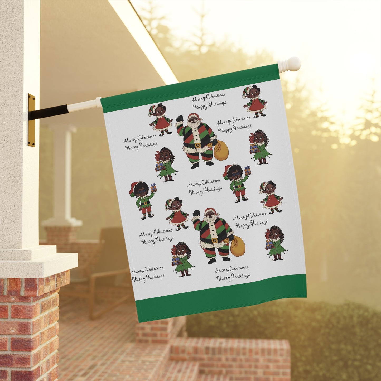 Black Santa & Elves Christmas Banner - Green border