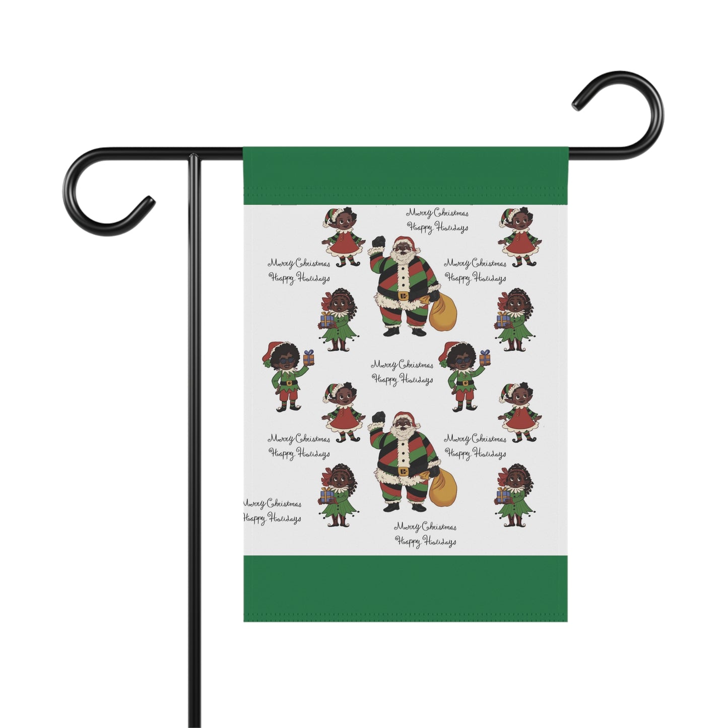 Black Santa & Elves Christmas Banner - Green border